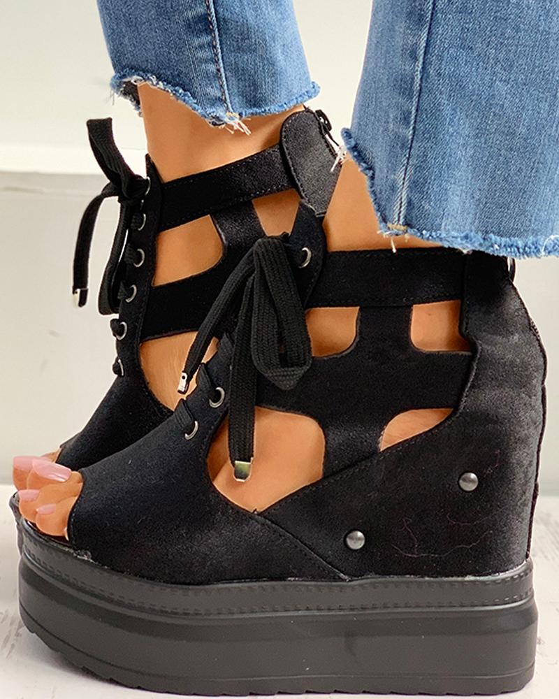 

Eyelet Lace-up Cutout Peep Toe Wedge Sandals, Black