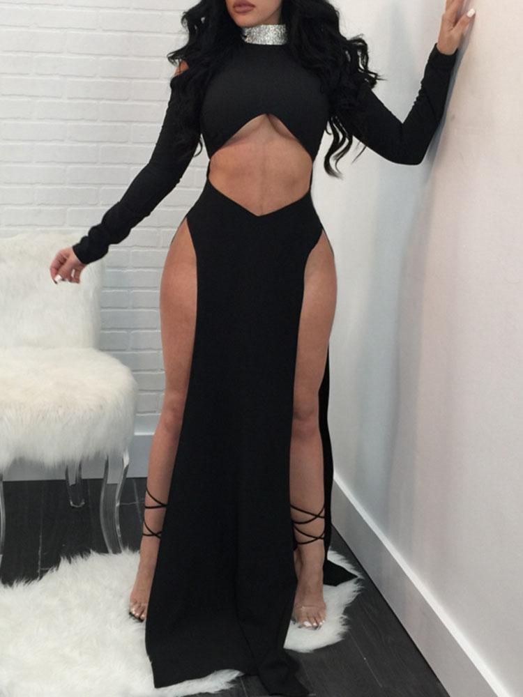 

Glitter Neck Cut Out Thigh Slit Dress, Black