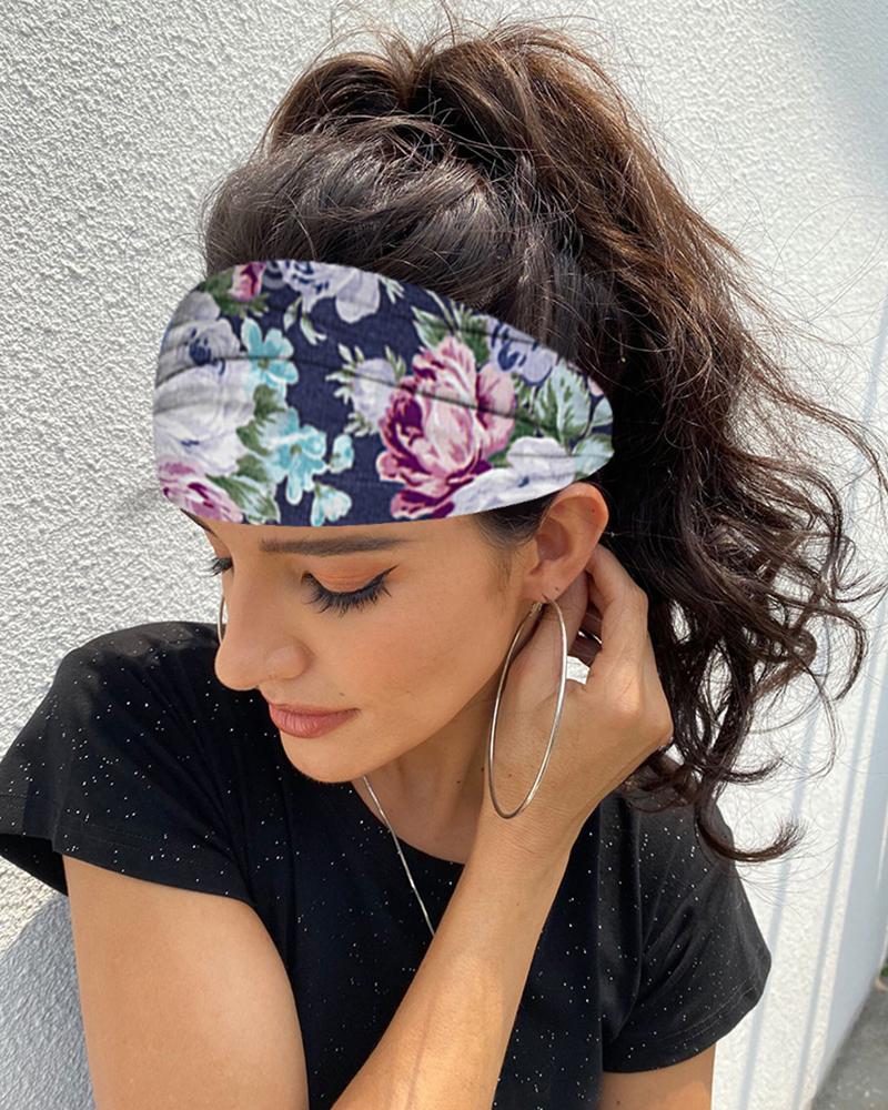 

Floral Print Yoga Running Headwraps Hair Band, Blue
