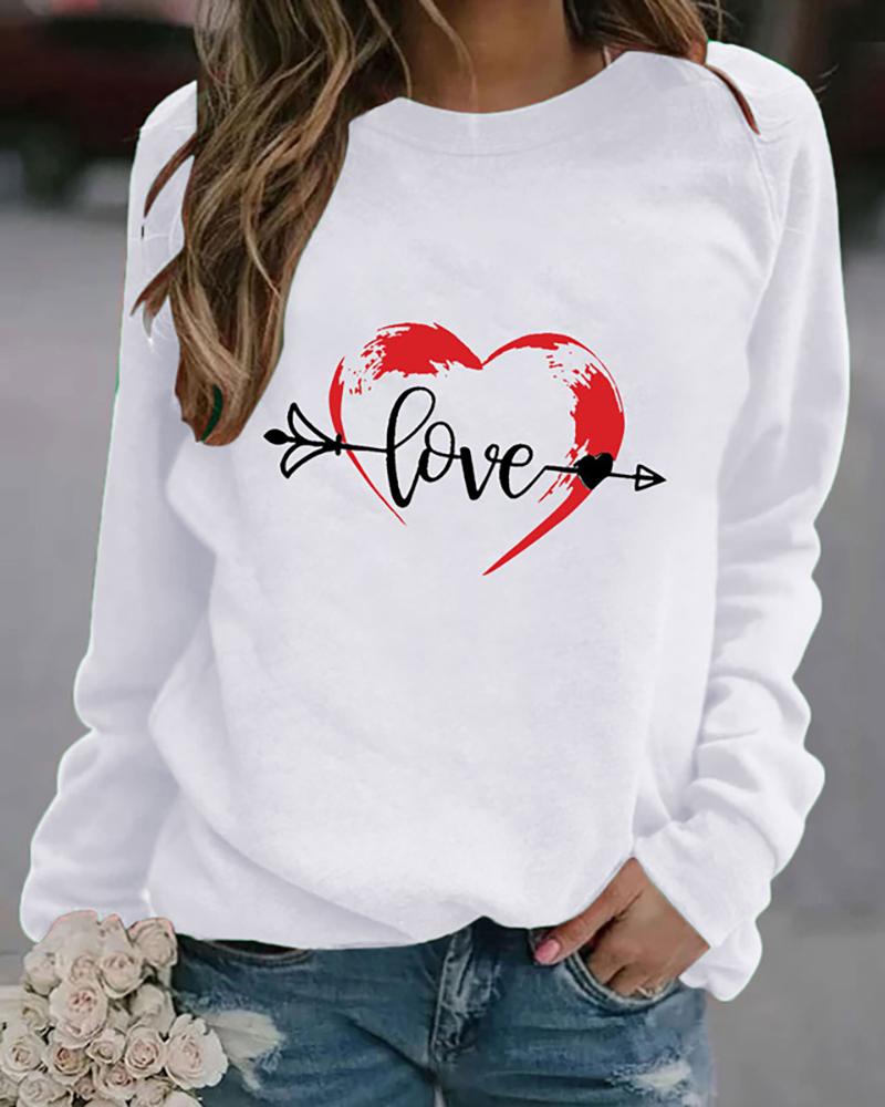 

Letter Heart Print Long Sleeve Sweatshirt, White