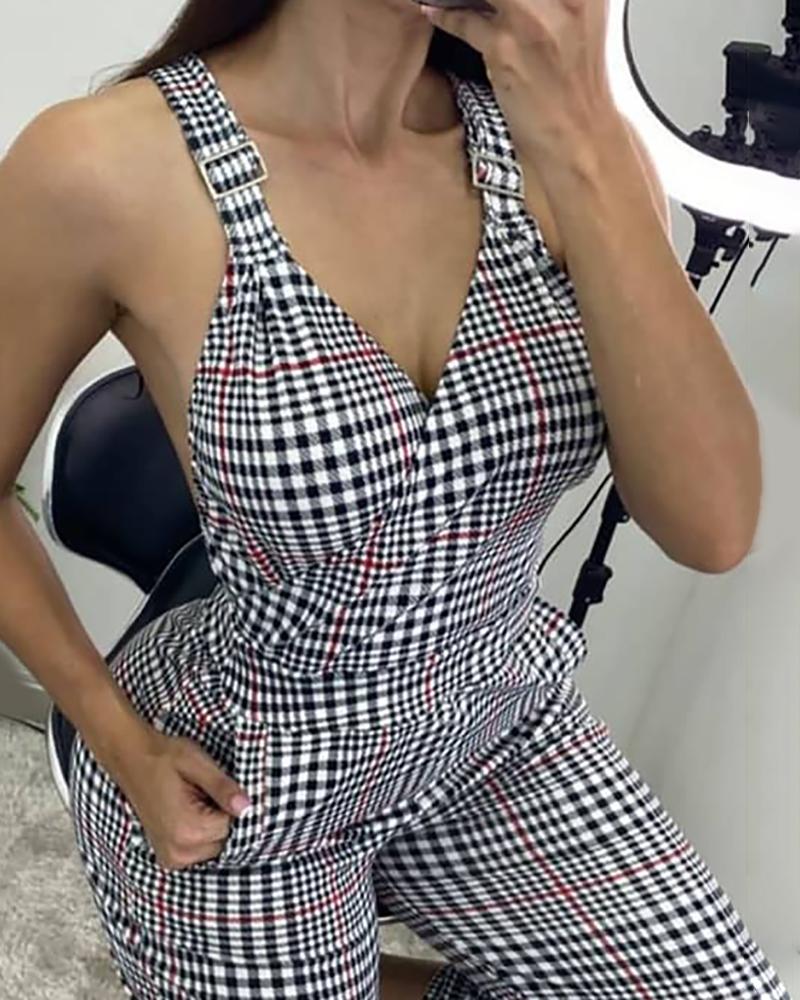 

Plaid Houndstooth Pocket Design Suspender Jumpsuit, Black