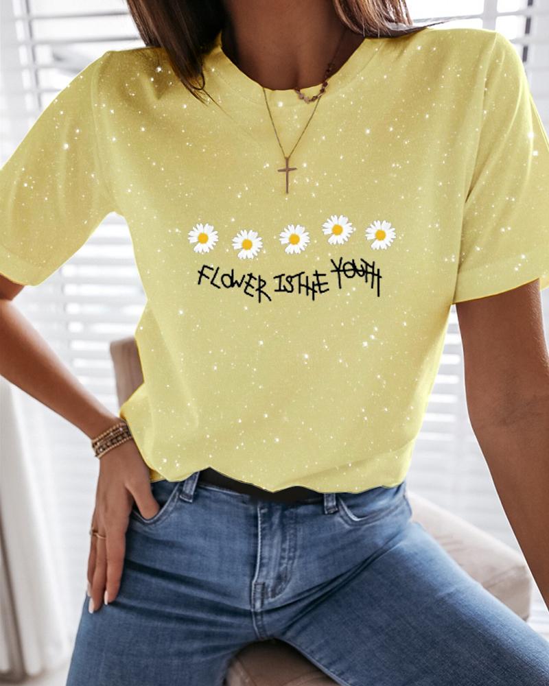 

Daisy Letter Print Glitter T-Shirt, Yellow