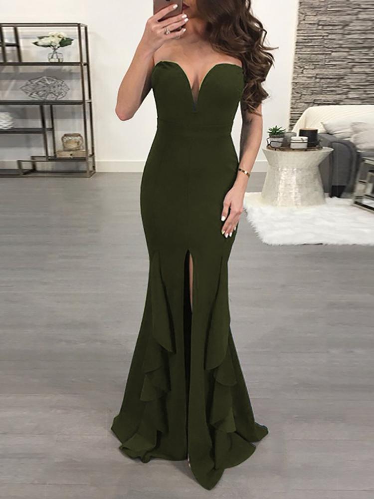 

Sweetheart Solid High Slit Ruffled Maxi Dress, Army green