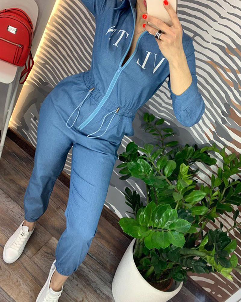 

Solid Letter Print Tight Waist Zipped Jumpsuit, Blue