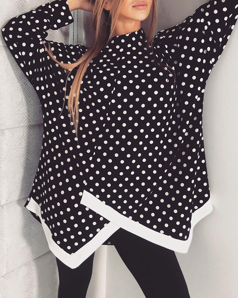 

Dot Print Mock Neck Irregular Blouse, Black