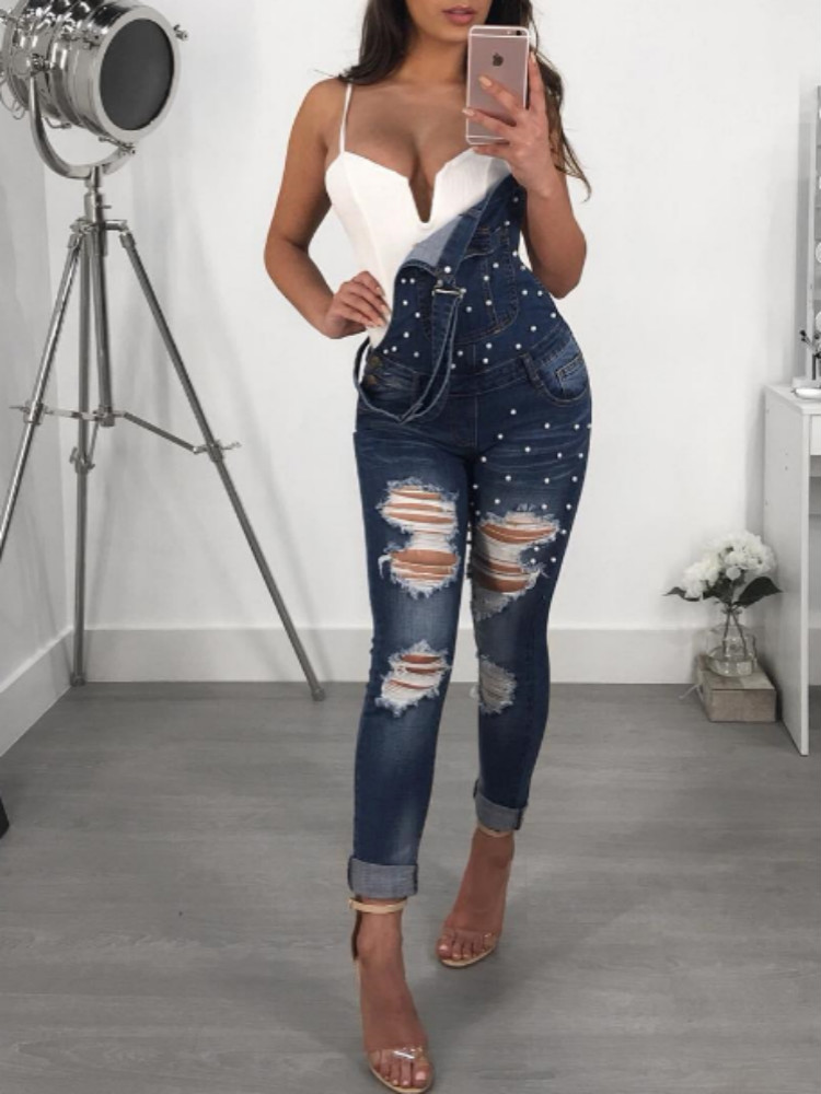 

Beading Embellished Ripped Suspender Denim Jumpsuit, Blue