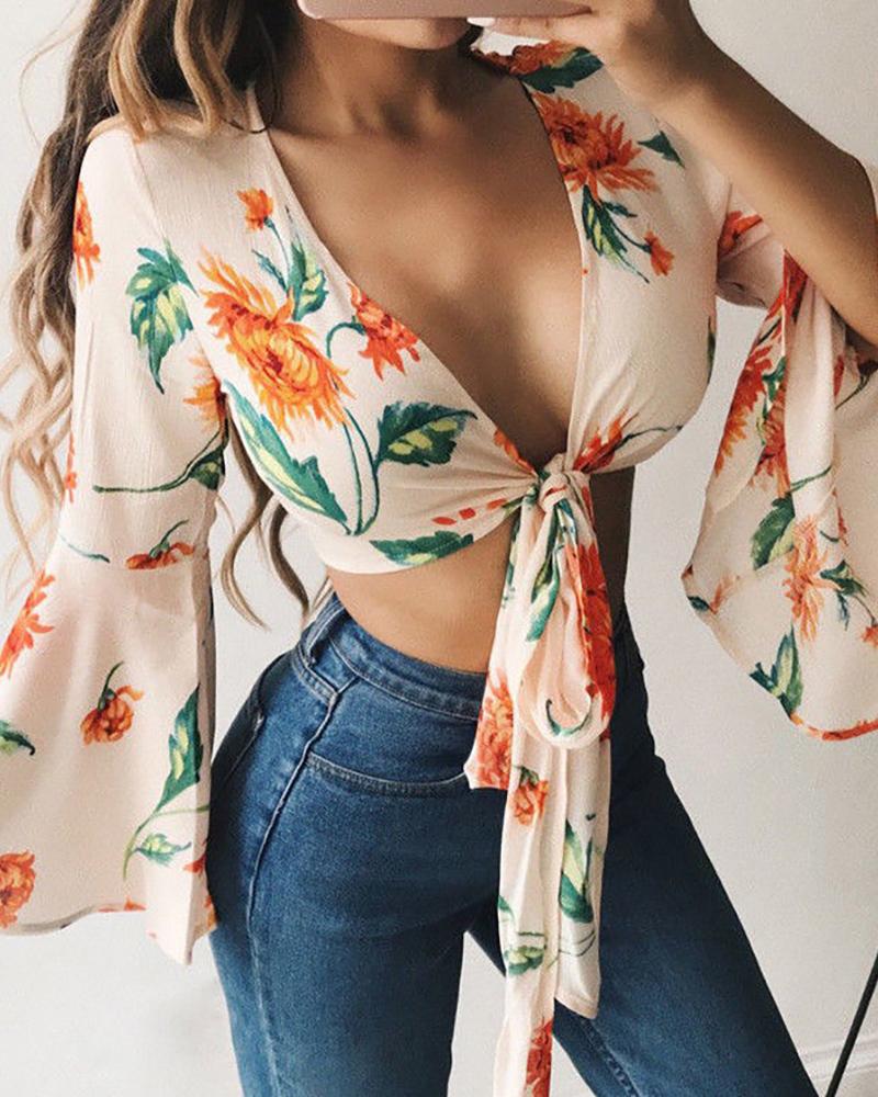 

Plunge Floral Print Mesh Bell Sleeve Bandage Blouse, Apricot