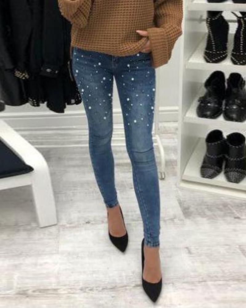 

Studded Straight Jeans, Blue