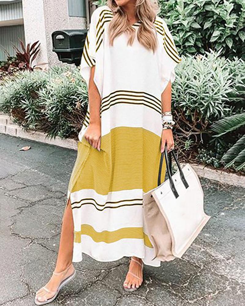 

Striped Colorblock Half Sleeve Slit Maxi Dress, Yellow