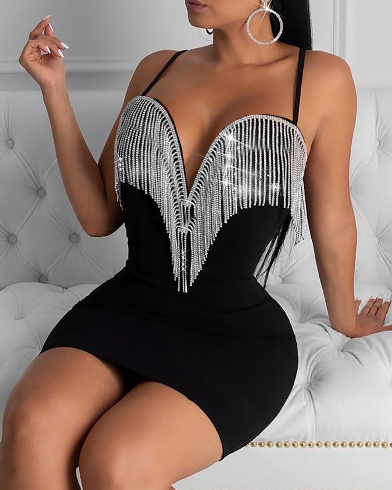 

Spaghetti Strap Tassel Design Bodycon Dress, Black