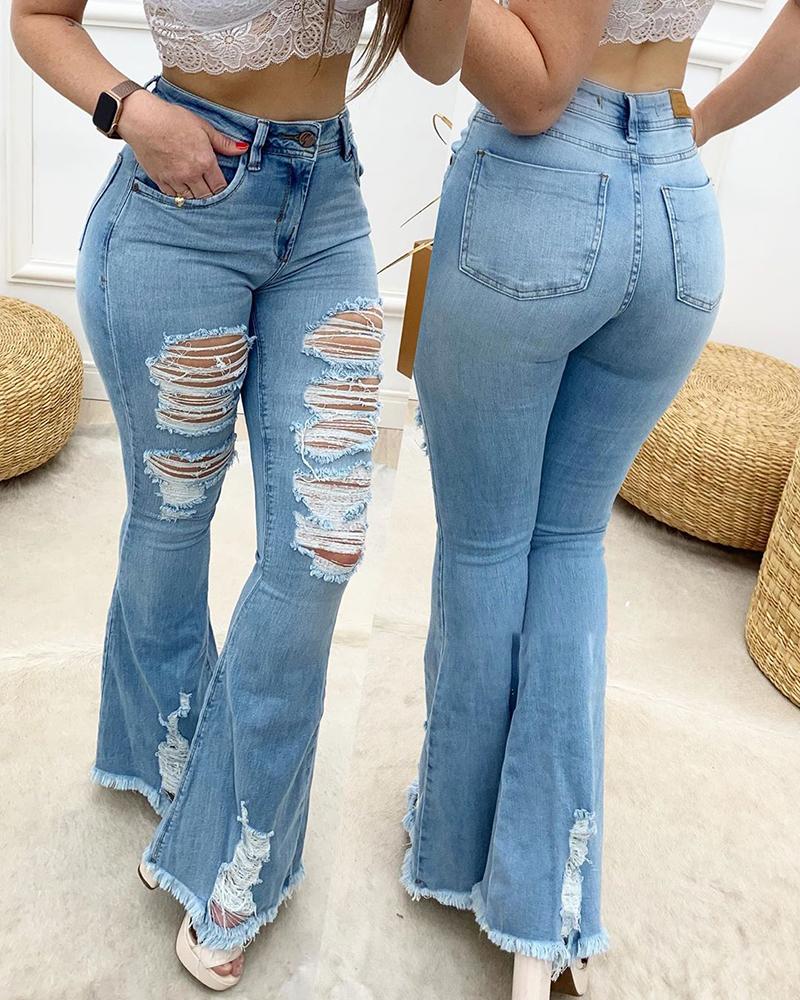 

Ripped Cutout High Waist Bootcut Denim Pants, Blue