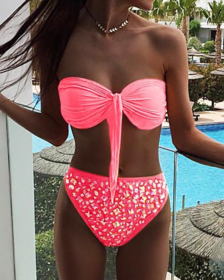 

Shiny Decorated Knotted Front bandeau Bikini, Pink