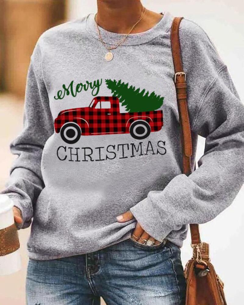 

Christmas Letter Car Print Casual Sweatshirt, Gray