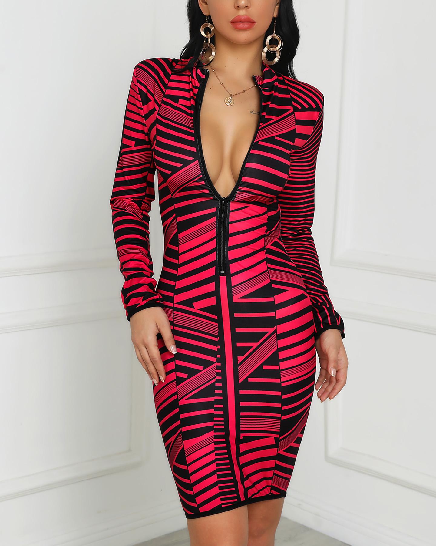 

Contrast Stripes Long Sleeve Zipper Bodycon Dress, Hot pink