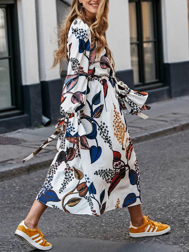 

Plant Print Tied Long Sleeve Casual Dress