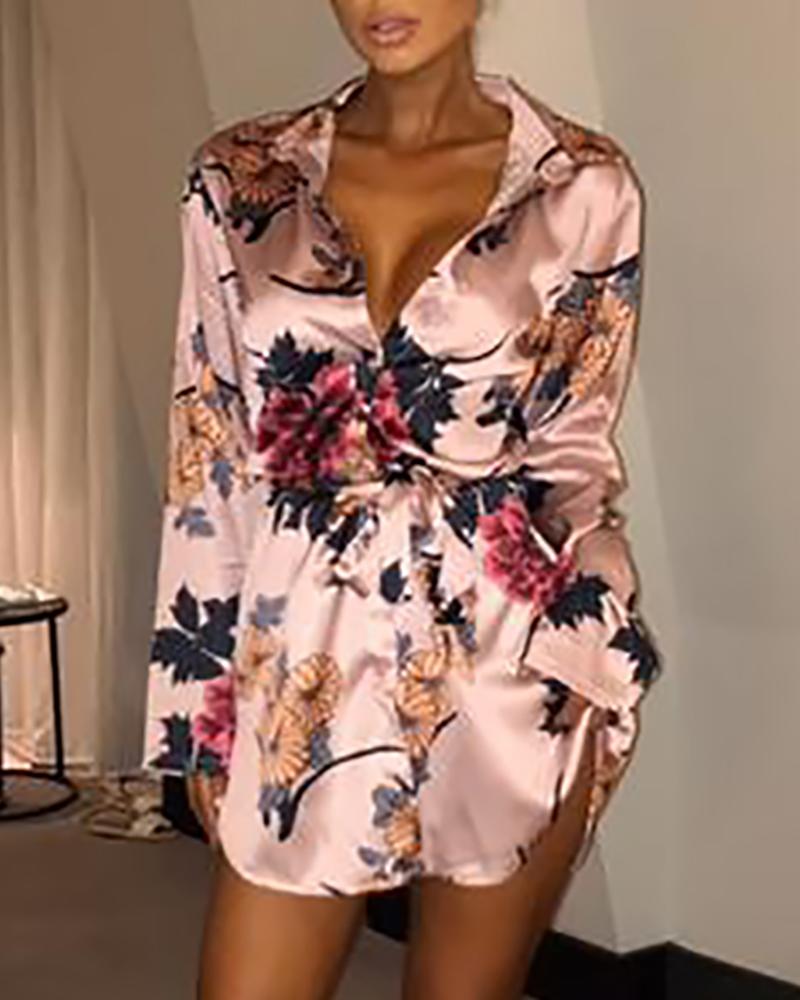 

Floral Print Tied Shirt Dress, Pink