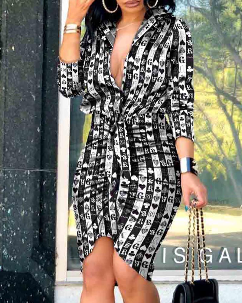 

Poker Print Colorblock Tie Front Shirt Dress, Black&white