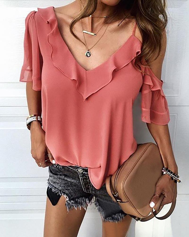

V Neck Solid Ruffle Casual Blouse, Pink