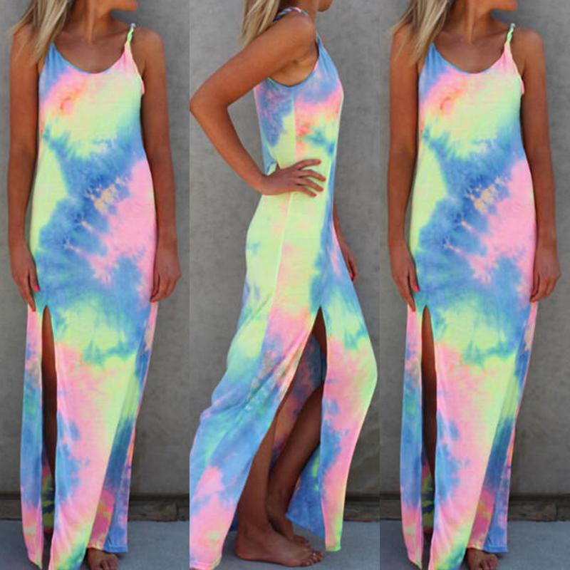 

Tie Dye Fashion Sleeveless Halter High Slit Bodycon Maxi Dress, Multicoloured