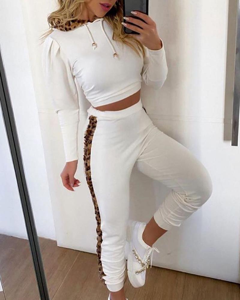 

Cheetah Print Hooded Top & Ruched Pants Sets, White