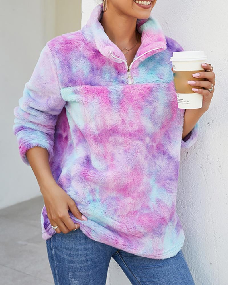 

Tie Dye Zipper Fluffy Casual Sweatshirt, Purple