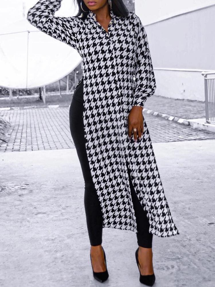 

Houndstooth Long Sleeve Slit Longline Shirt, Black