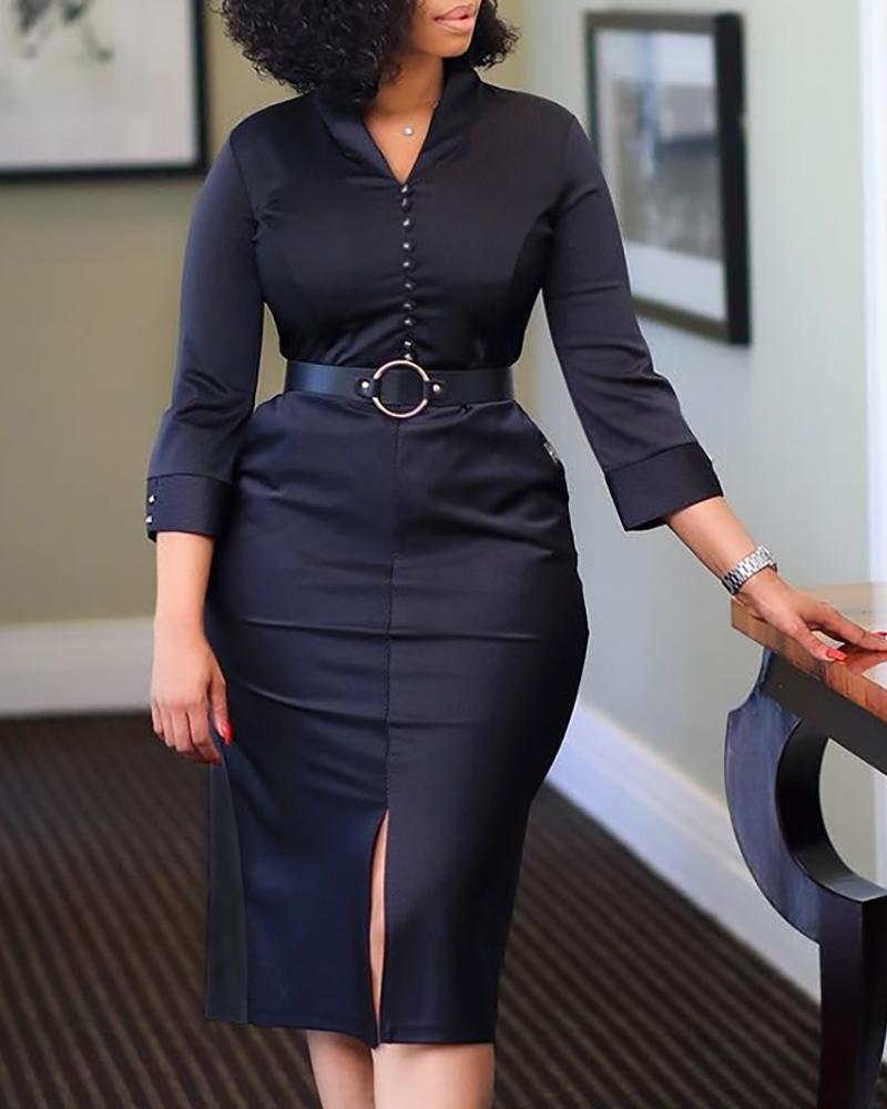 

V Neck Buttoned Slit Midi Dress, Black
