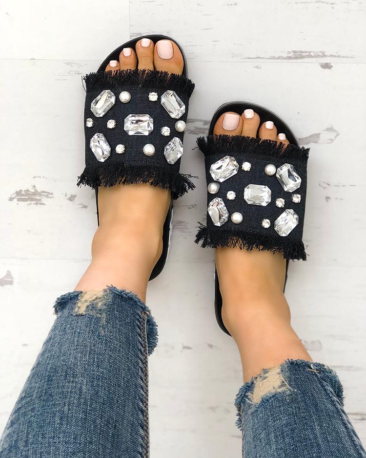 

Denim Shiny Flat Tassel Non-Slip Slippers, Black