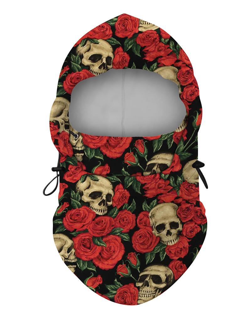 

Skull Floral Print Polar Fleece Hood Adjustable Face Bandana, Red