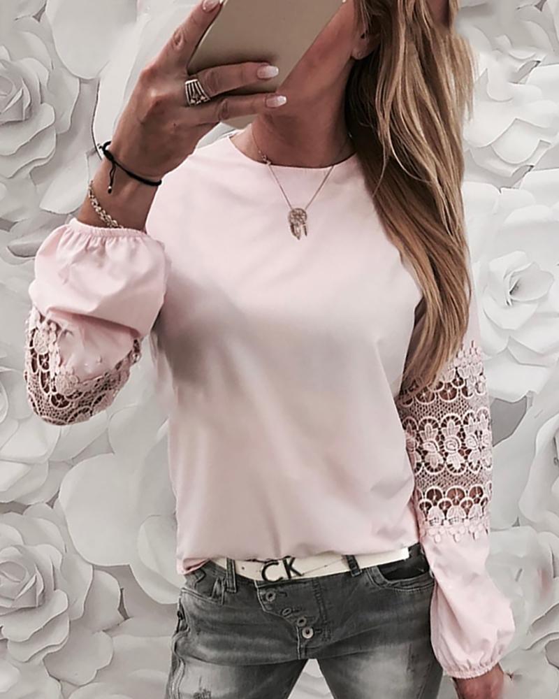 

Crochet Lace Insert Long Sleeve Casual Blouse, Light pink