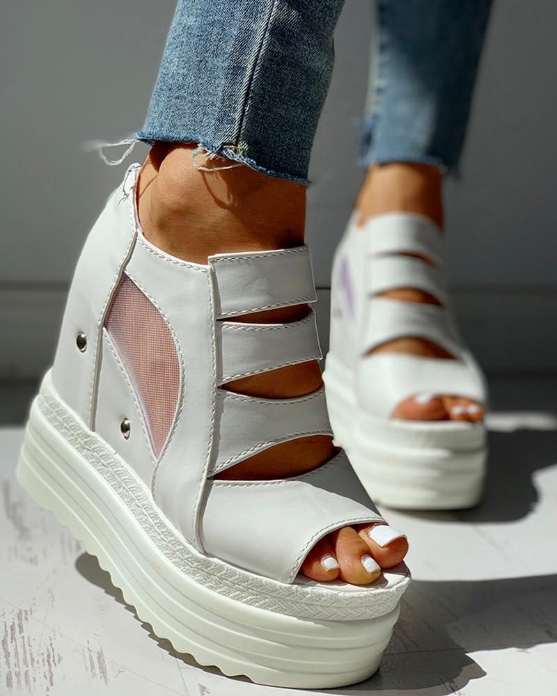 

Solid PU Hollow Out Platform Sandals, White