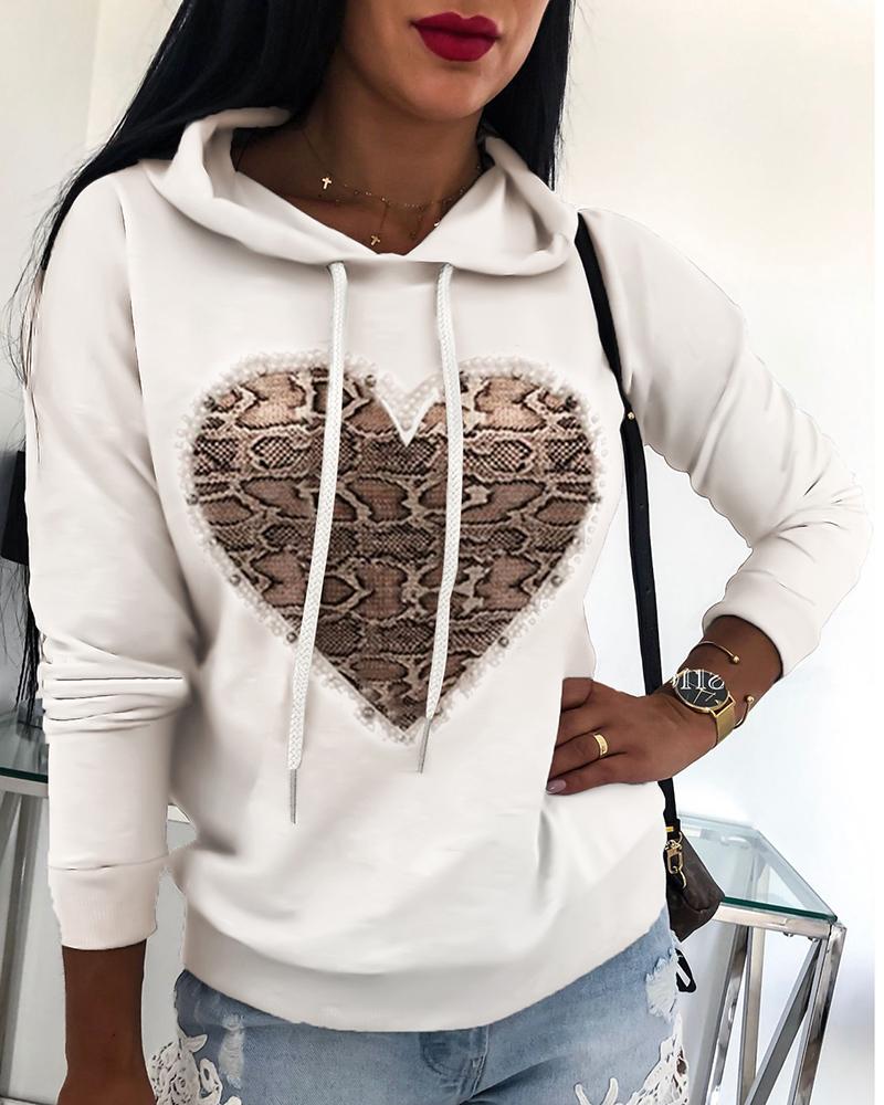 

Hooded Drawstring Snakeskin Heart Print Sweatshirt, White