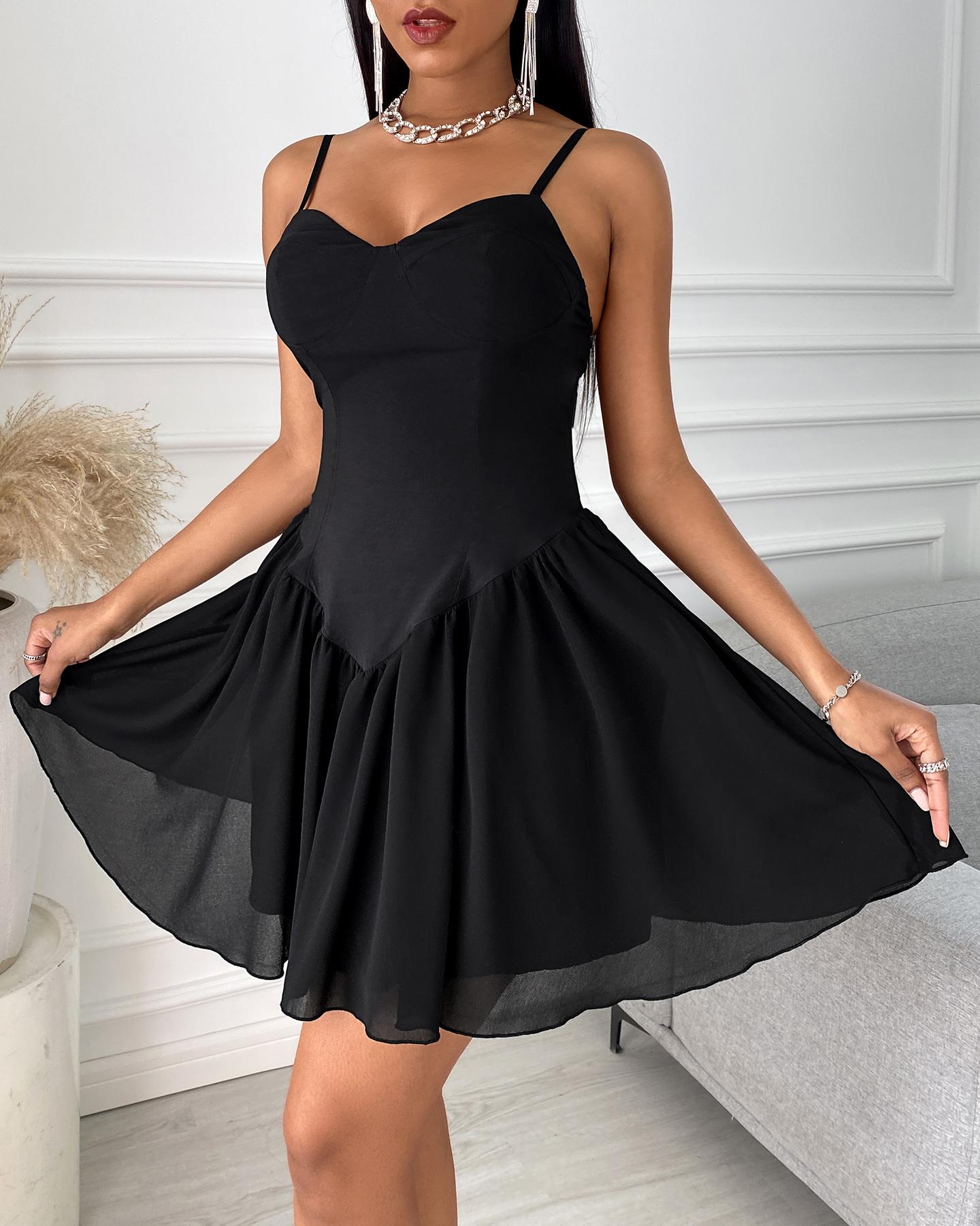 

Plain Sheer Mesh Ruffle Hem Cami Dress, Black