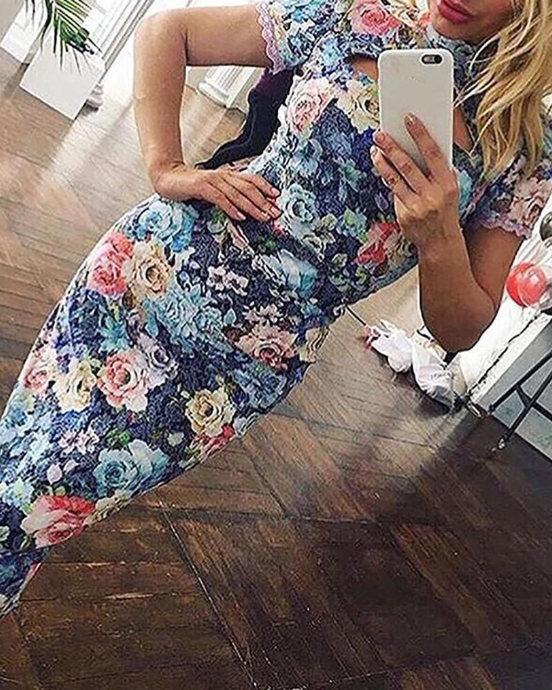 

Cutout Lace Trim Floral Print Dress, Blue