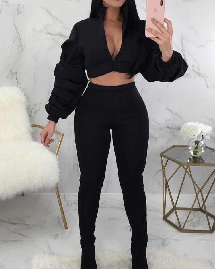 

Crop Puff Sleeve Jacket & Pants Sets, Black