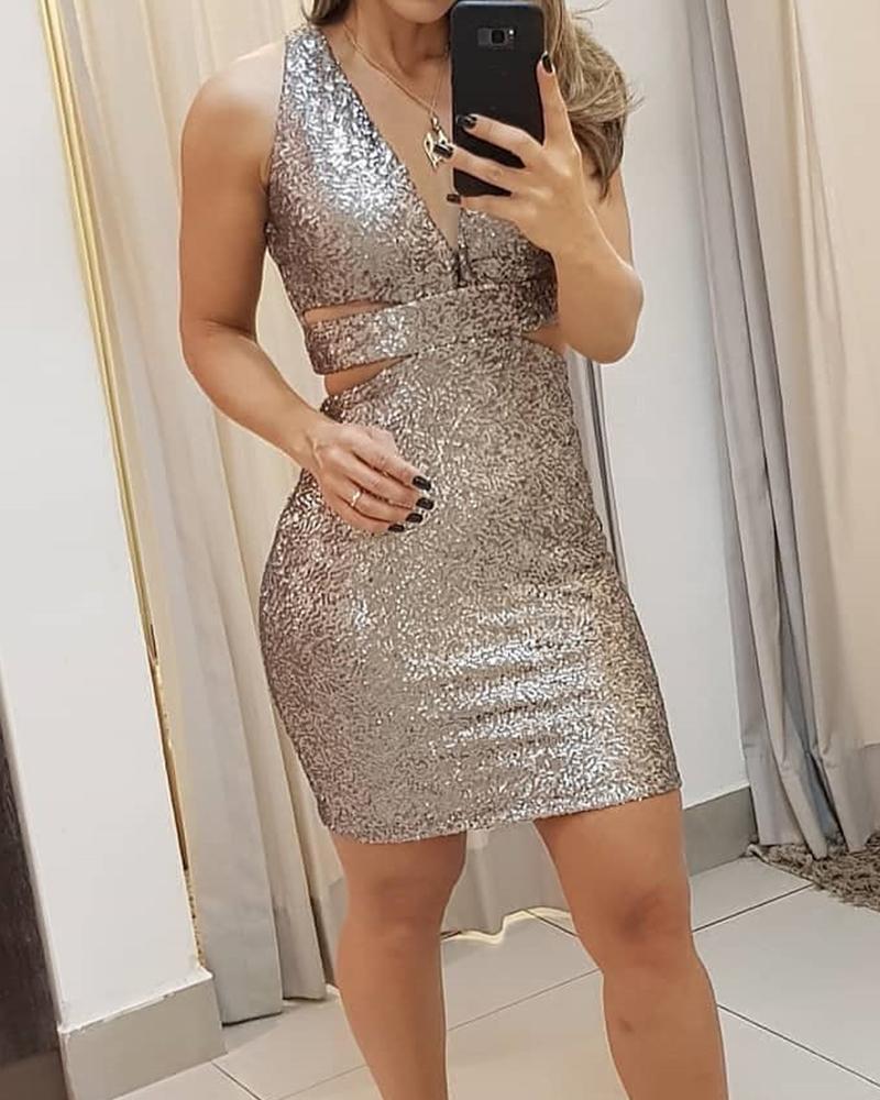 

Sequined Cutout Bodycon Mini Dress, Silver