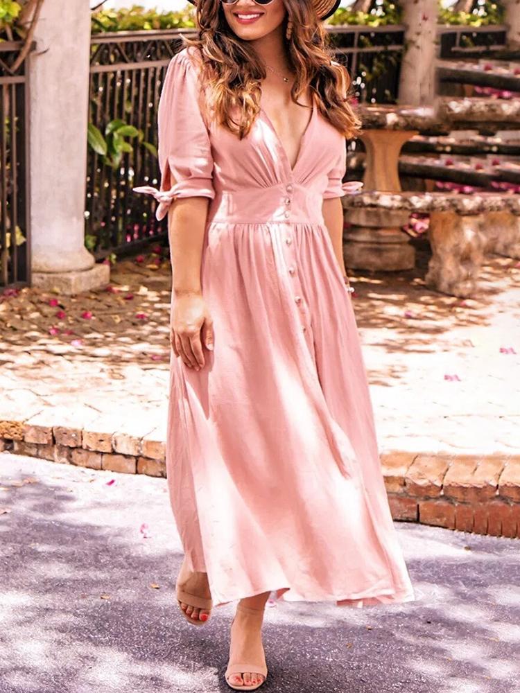 

Solid Plunge Tied Sleeve Button Casual Dress, Pink