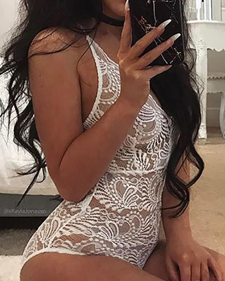 

Halter See Through Lace Teddy Bodysuit, White