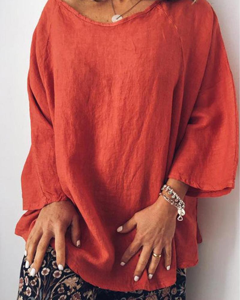 

Women's cotton and linen solid color loose tops T-shirt, Orange