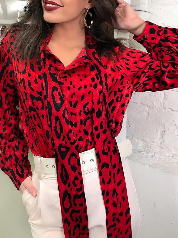 

Leopard Print Tie Neck Casual Blouse