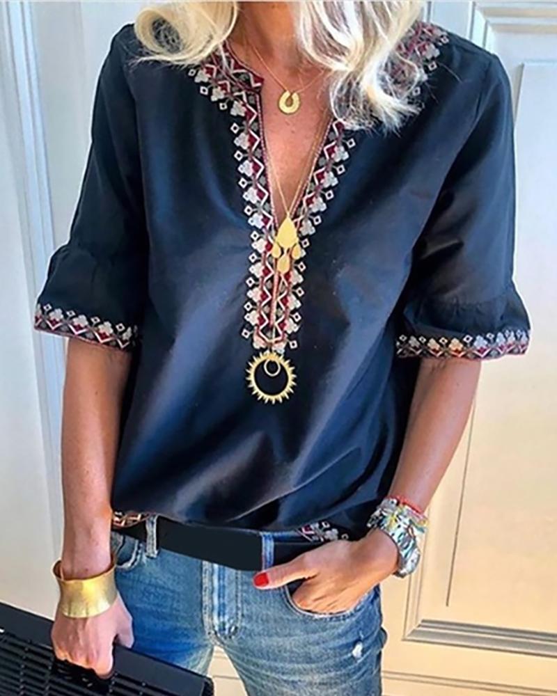 

Bohemian Print V-neck Half Sleeve Blouse, Dark blue