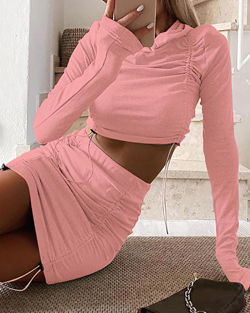 

Plain Drawstring Ruched Hooded Crop Top & High Waist Skirt Set, Pink