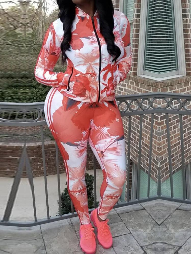 

Floral Pocket Zipper Up Jacket & Pants Sets, Red