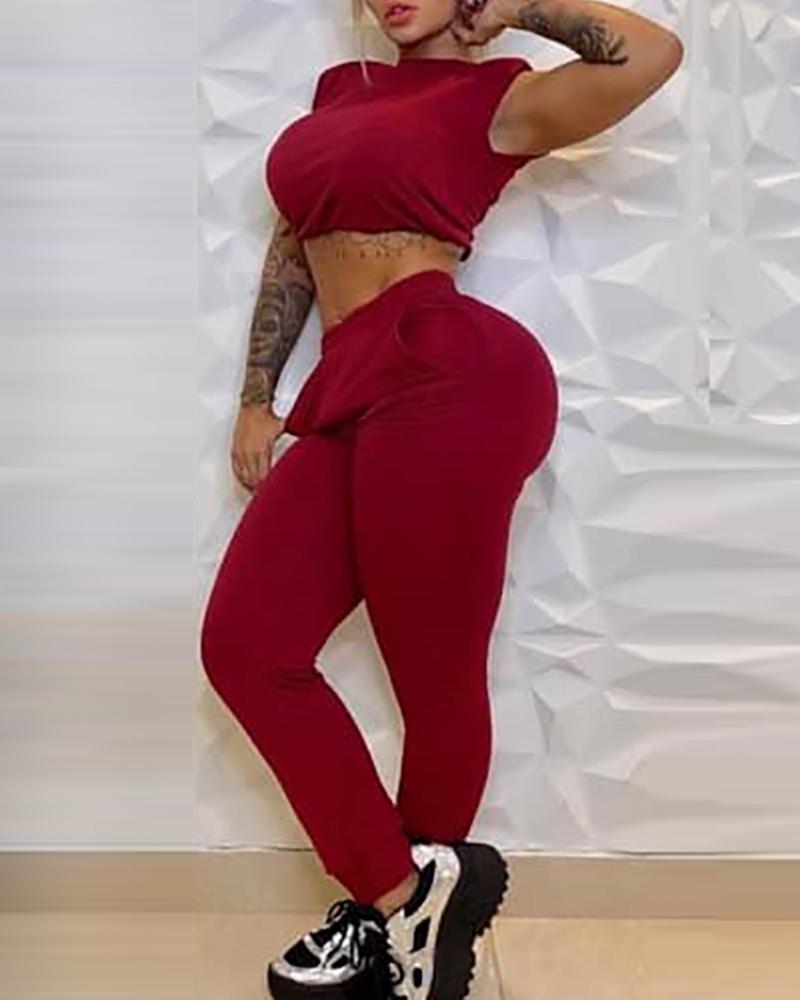

Sleeveless Crop Top & Pocket Design Pants Set, Red