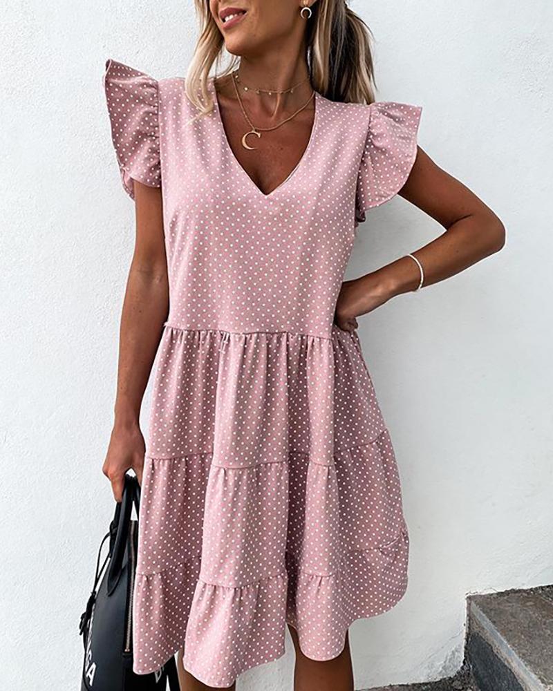

V-neck Ruffles Dot Print Dress, Pink