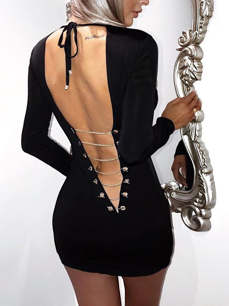 

Chains Open Back Long Sleeve Mini Dress, Black