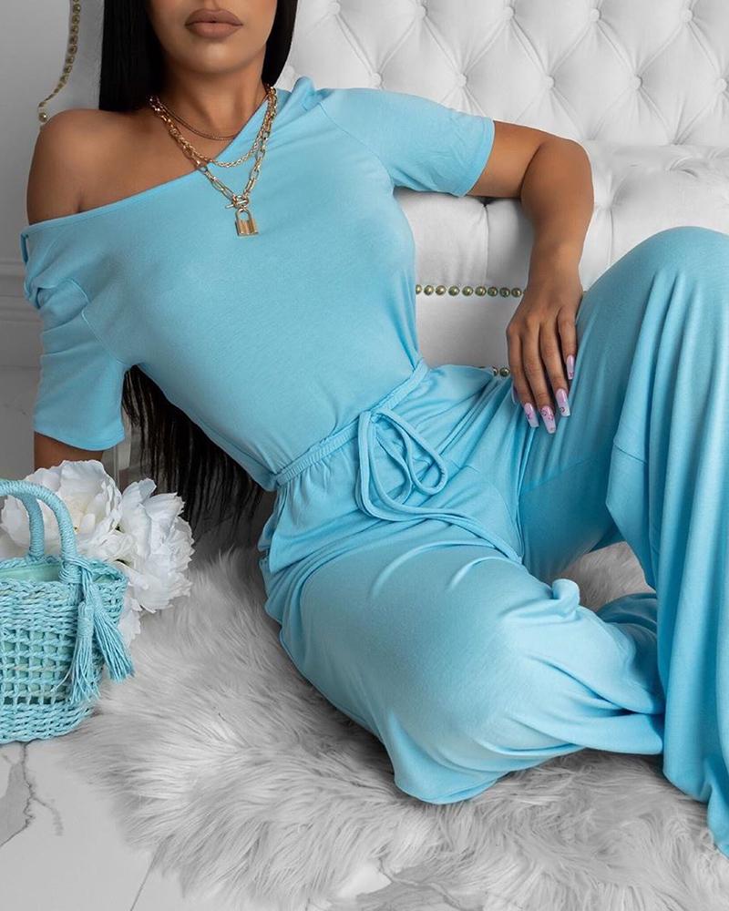 

Solid Drawstring Short Sleeve Jumpsuit, Light blue