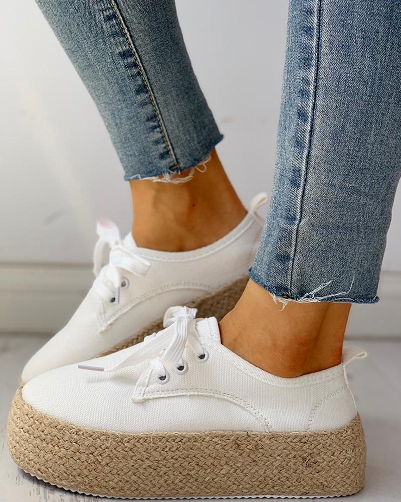 

Solid Eyelet Lace-Up Muffin Espadrille Casual Sneakers, White