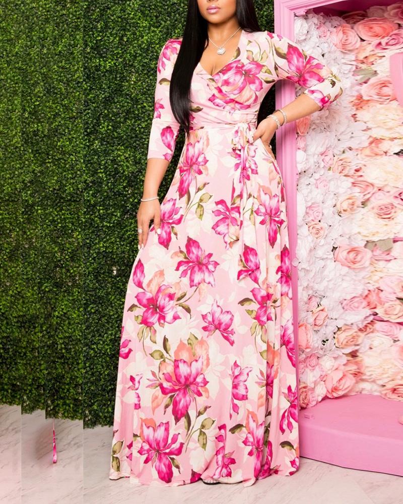 

Floral Print Plunge Maxi Dress, Pink