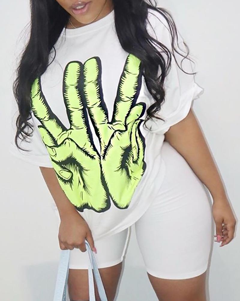 

Print Short Sleeve Top & Shorts Set, White